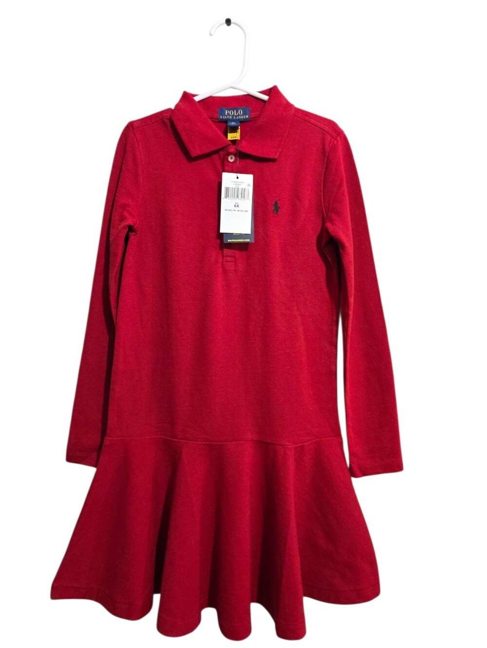 Polo Ralph Lauren Girls Red Long Sleeve Pleated Polo Dress Pony Logo Size 6X